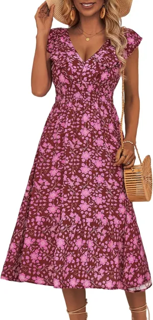 LOLOCCI Midi Ruffle Sleeve V Neck Wedding Guest Women Sundress Milkmaid Empire Waist Floral Summer Easter Church Dress