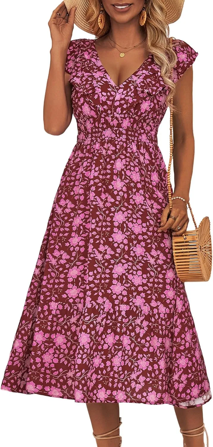 LOLOCCI Midi Ruffle Sleeve V Neck Wedding Guest Women Sundress Milkmaid Empire Waist Floral Summer Easter Church Dress