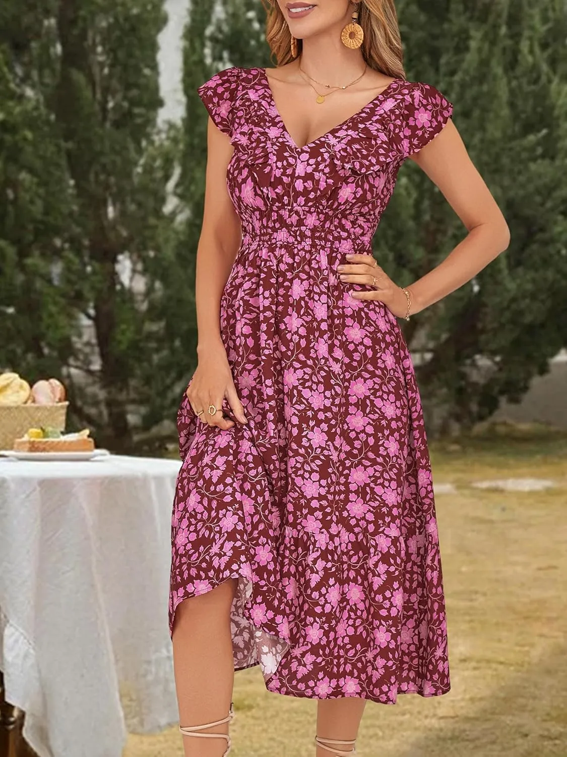 LOLOCCI Midi Ruffle Sleeve V Neck Wedding Guest Women Sundress Milkmaid Empire Waist Floral Summer Easter Church Dress
