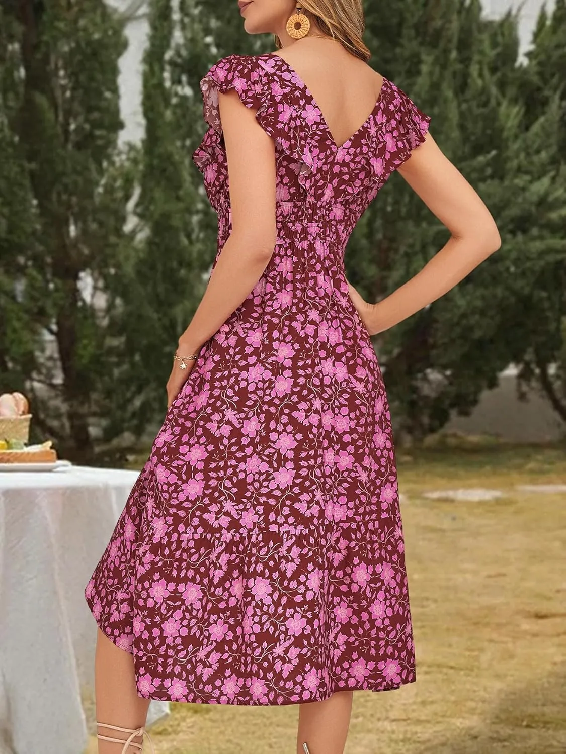 LOLOCCI Midi Ruffle Sleeve V Neck Wedding Guest Women Sundress Milkmaid Empire Waist Floral Summer Easter Church Dress