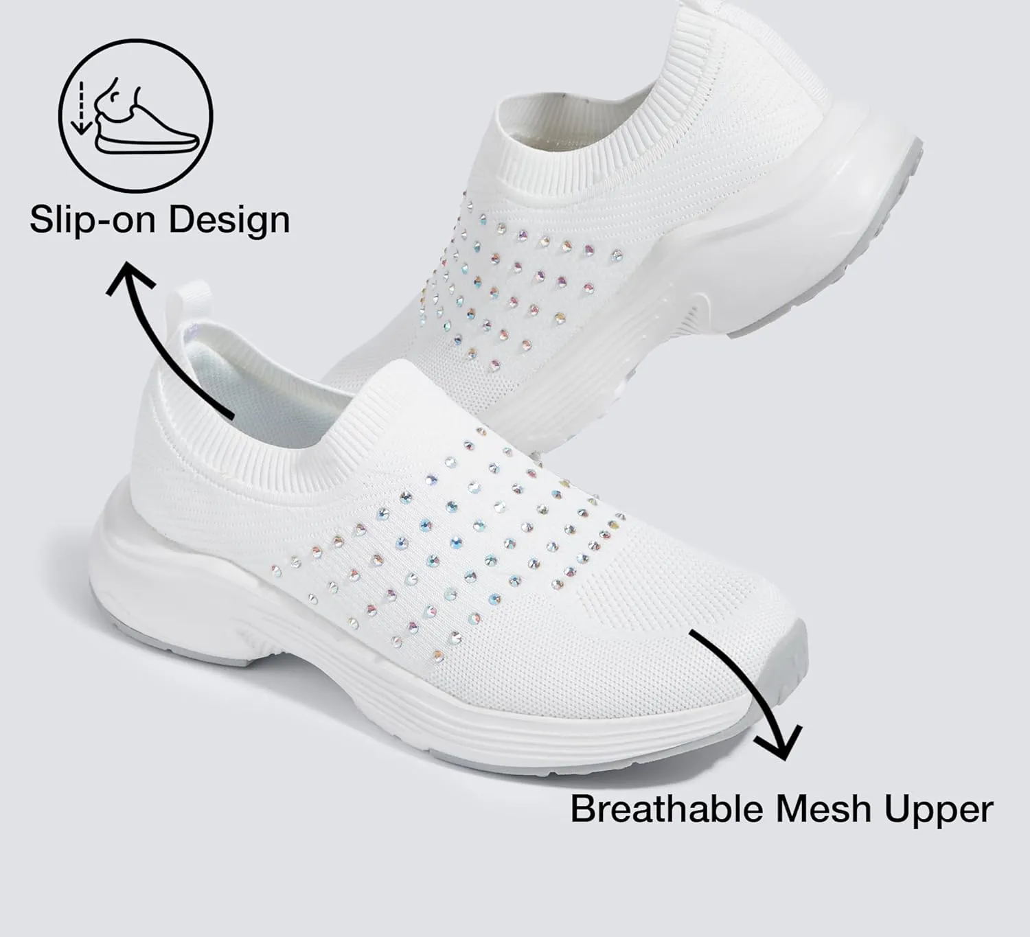 LUCKY STEP Women's Rhinestone Walking Shoes Lightweight Breathable Mesh Trainers Casual Slip On Sparkly Sneakers