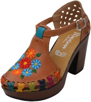 Macarena Collection Women's Handcrafted Leather Platform Sandals with Floral Embroidery - Comfortable Block Heel Model 134