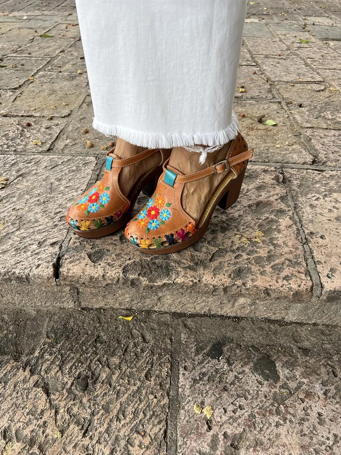 Macarena Collection Women's Handcrafted Leather Platform Sandals with Floral Embroidery - Comfortable Block Heel Model 134