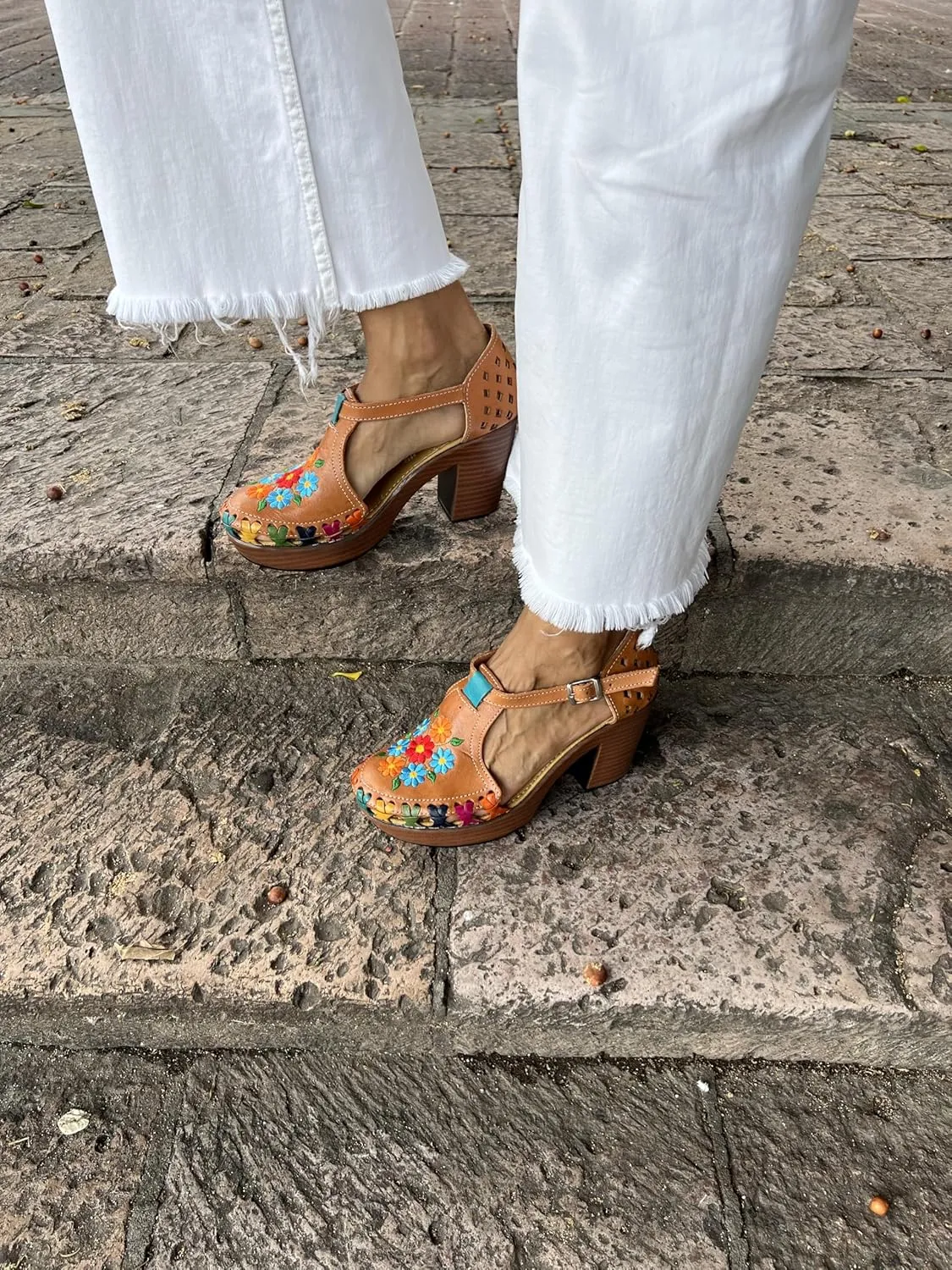 Macarena Collection Women's Handcrafted Leather Platform Sandals with Floral Embroidery - Comfortable Block Heel Model 134