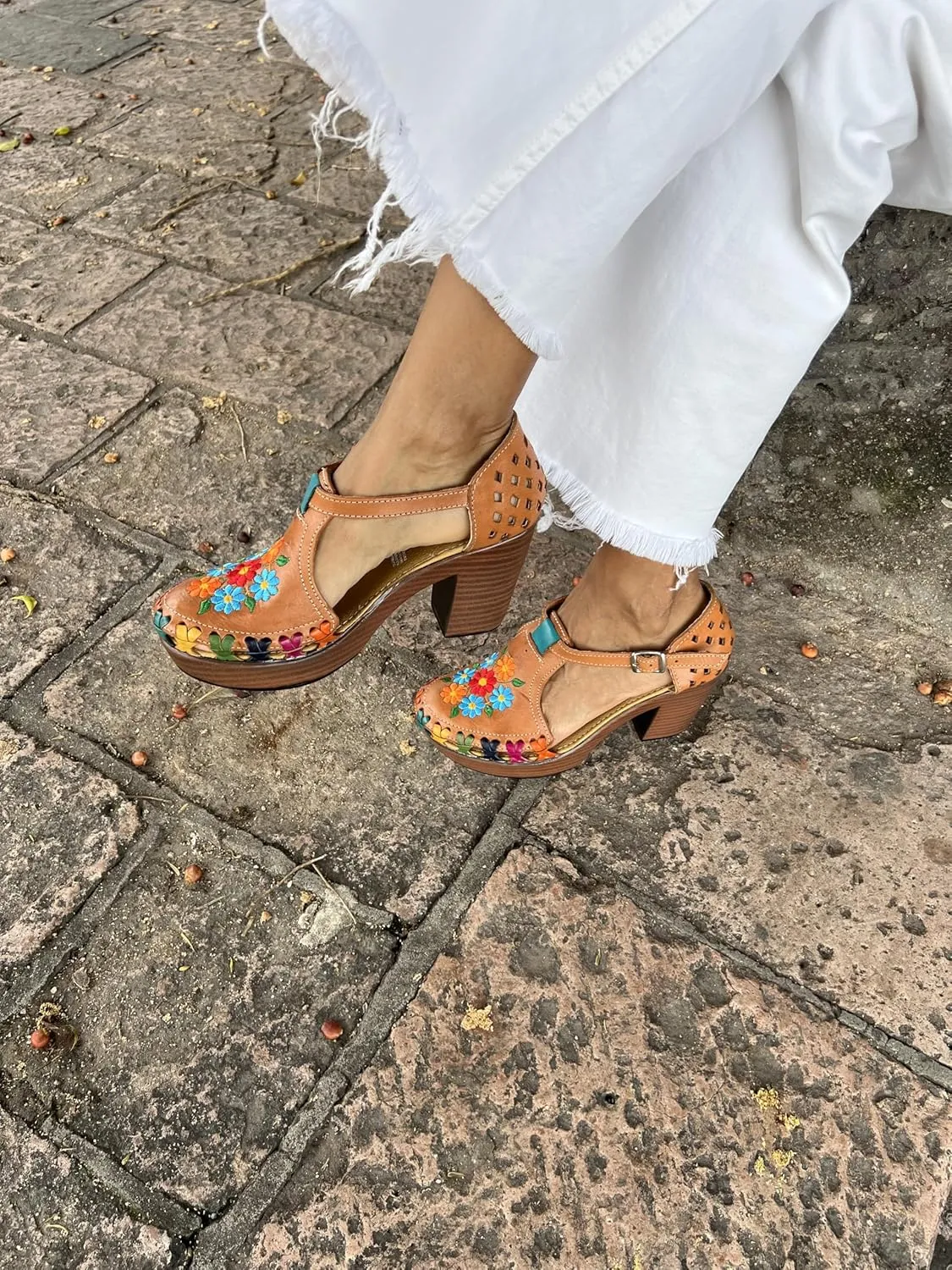 Macarena Collection Women's Handcrafted Leather Platform Sandals with Floral Embroidery - Comfortable Block Heel Model 134