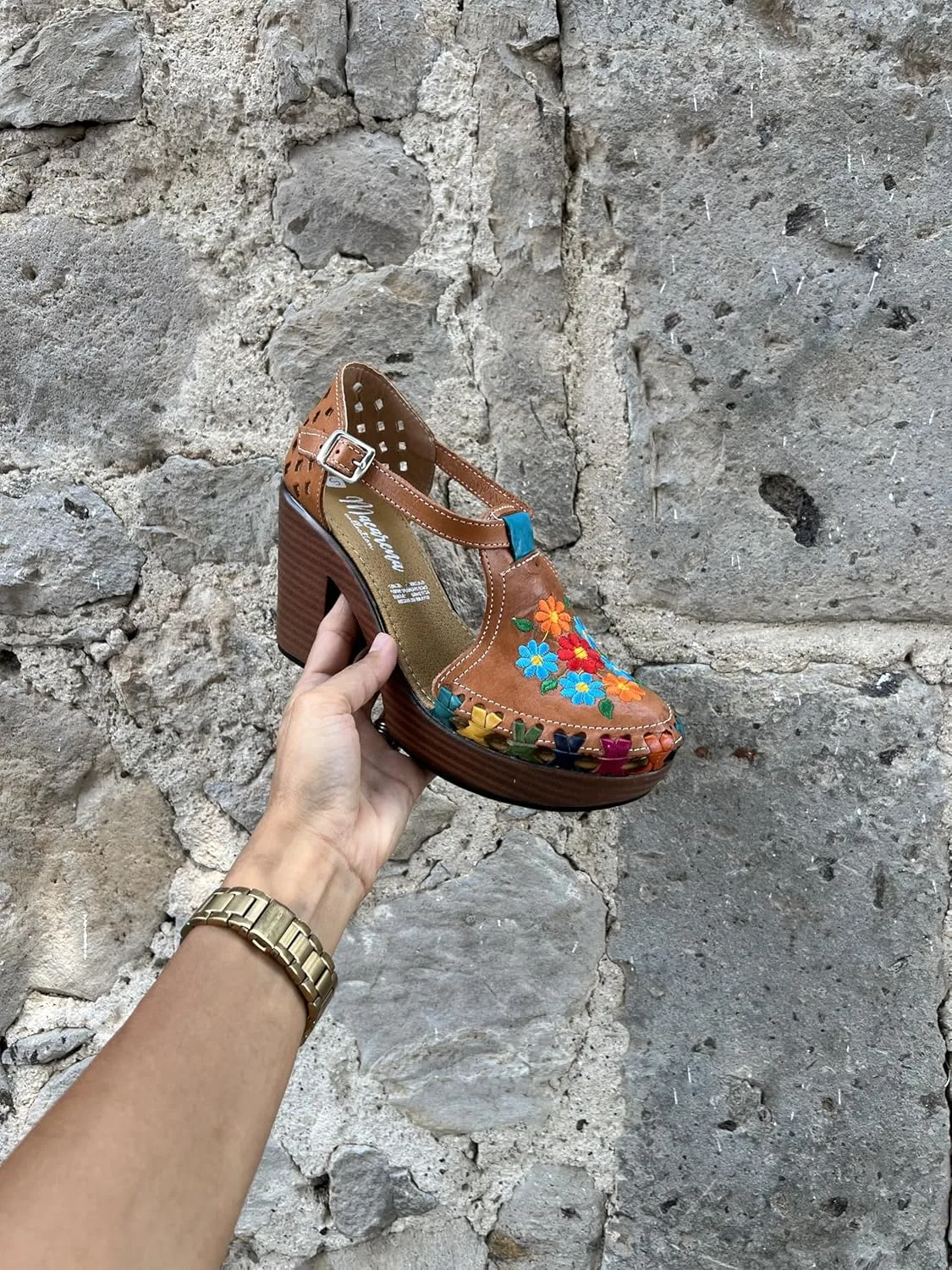 Macarena Collection Women's Handcrafted Leather Platform Sandals with Floral Embroidery - Comfortable Block Heel Model 134