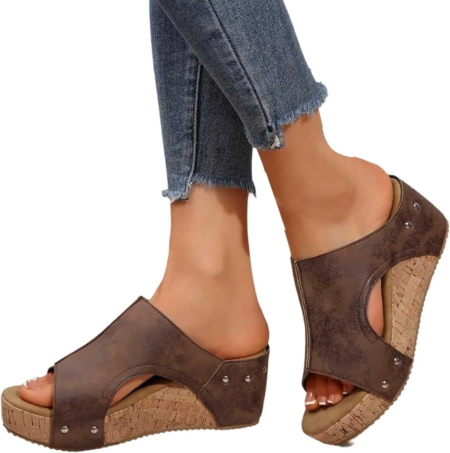 Maison Birch Lumi Cork Wedges & Platform Slides, Women's Thick Sole Comfy Leather Wedge Non-slip Summer Sandals