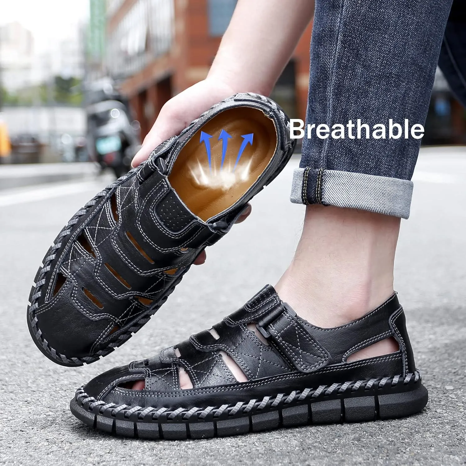 MAIZUN Men's Sandal Leather Casual Closed Toe Beach Fisherman Shoes Outdoor Summer Sports Sandals