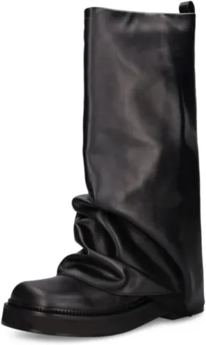 MAVMAX Women Fold Over Knee High Boots Casual Round Toe Coverd Slouched Leather Pull On Wide Calf Chunky Low Heel Platform Boots