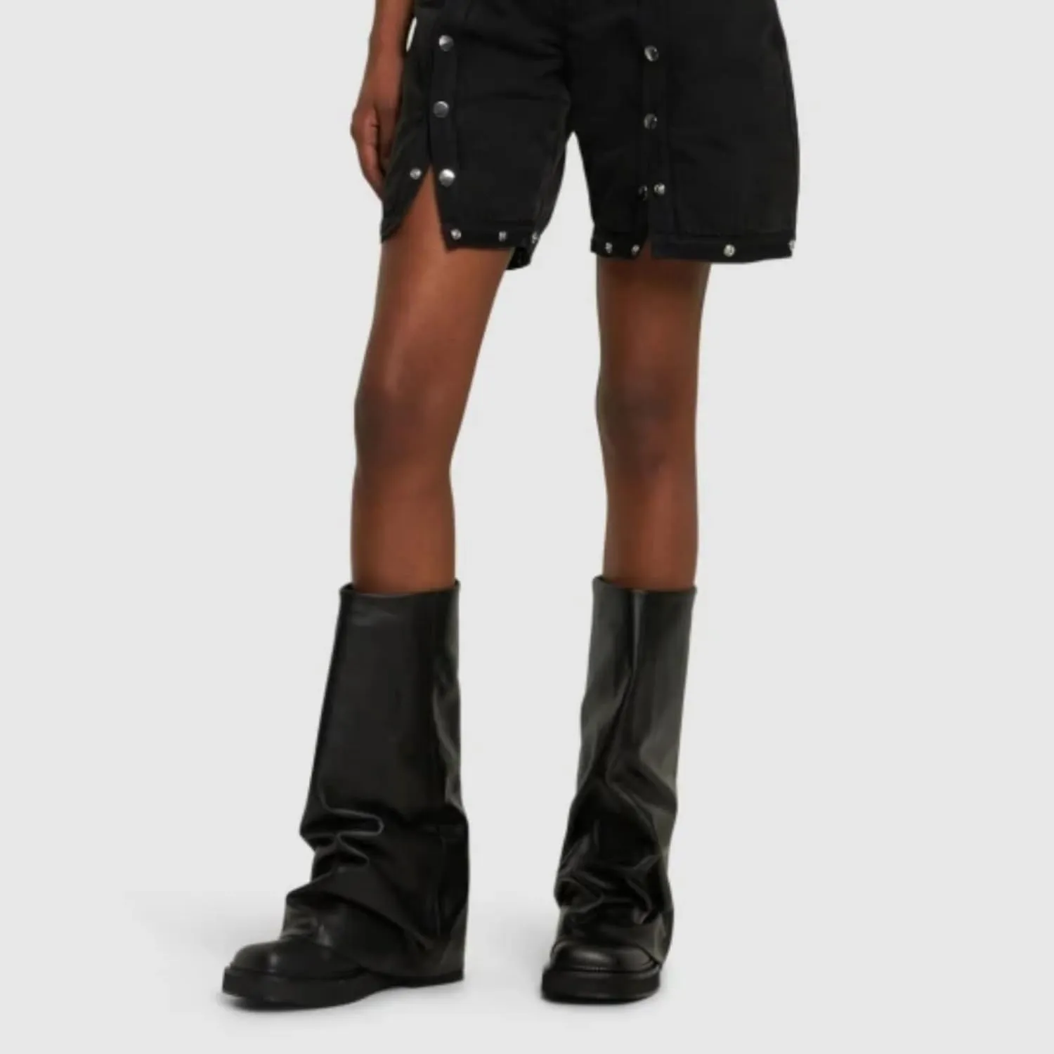 MAVMAX Women Fold Over Knee High Boots Casual Round Toe Coverd Slouched Leather Pull On Wide Calf Chunky Low Heel Platform Boots