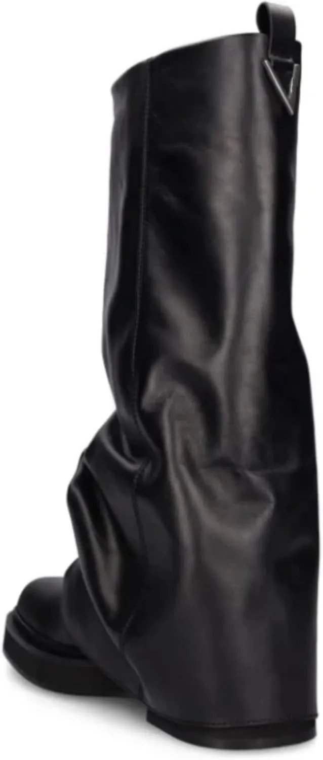 MAVMAX Women Fold Over Knee High Boots Casual Round Toe Coverd Slouched Leather Pull On Wide Calf Chunky Low Heel Platform Boots