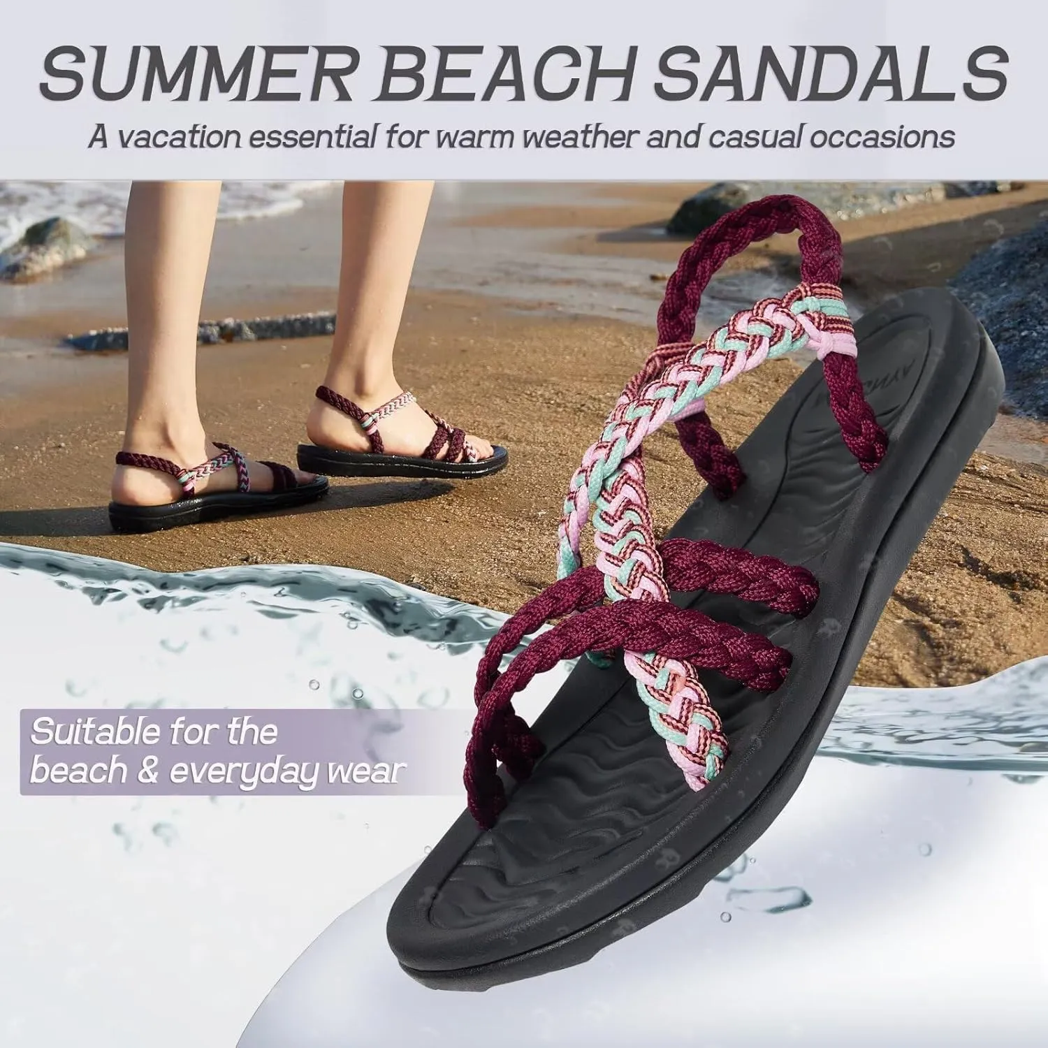 MEGNYA Women's Comfortable Walking Sandals with Arch Support, Athletic Hiking Sandals with Handmade Straps, Outdoor Soft Water Sandals for Beach Poolside Travel Camping