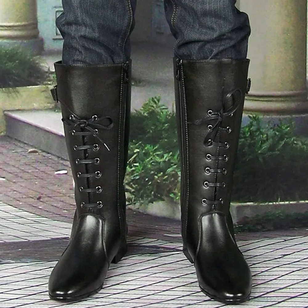 Men Leather Knee High Wide Calf Equestrian Shoes Outdoor British Style Fashion Knight Riding High Boots(Color:Black,Size:UK8)