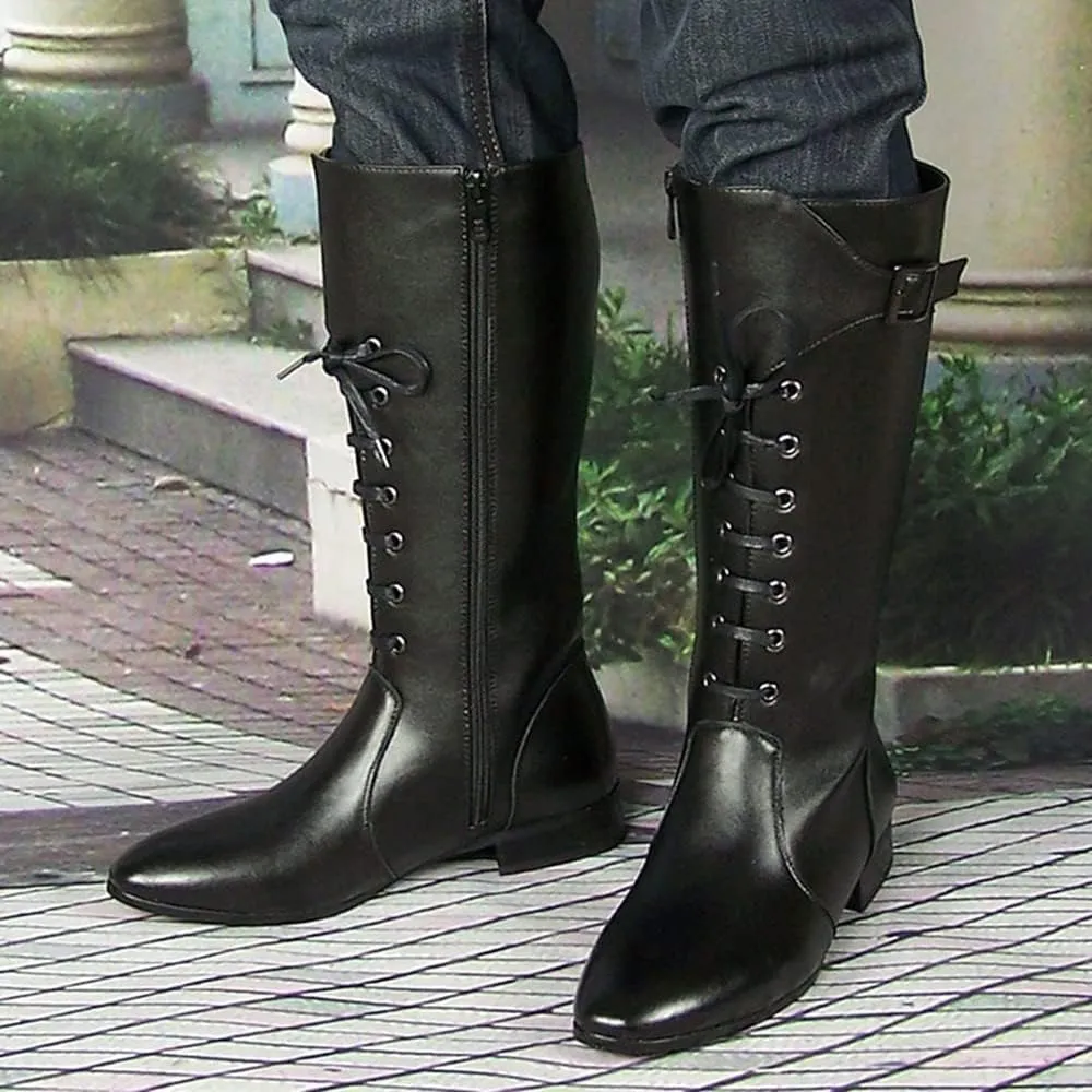 Men Leather Knee High Wide Calf Equestrian Shoes Outdoor British Style Fashion Knight Riding High Boots(Color:Black,Size:UK8)