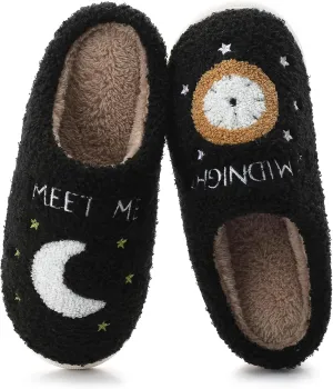 Menore Meet Me At Midnight Slippers for Womens Mens Soft Warm Fuzzy House Slides Memory Foam Lightweight Slip-on Slippers Indoor Outdoor