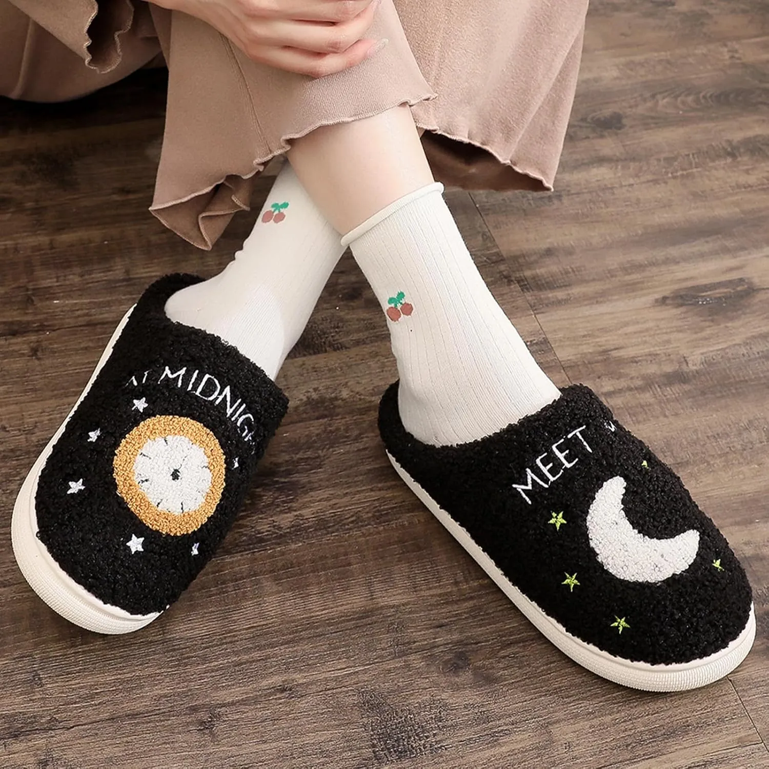 Menore Meet Me At Midnight Slippers for Womens Mens Soft Warm Fuzzy House Slides Memory Foam Lightweight Slip-on Slippers Indoor Outdoor