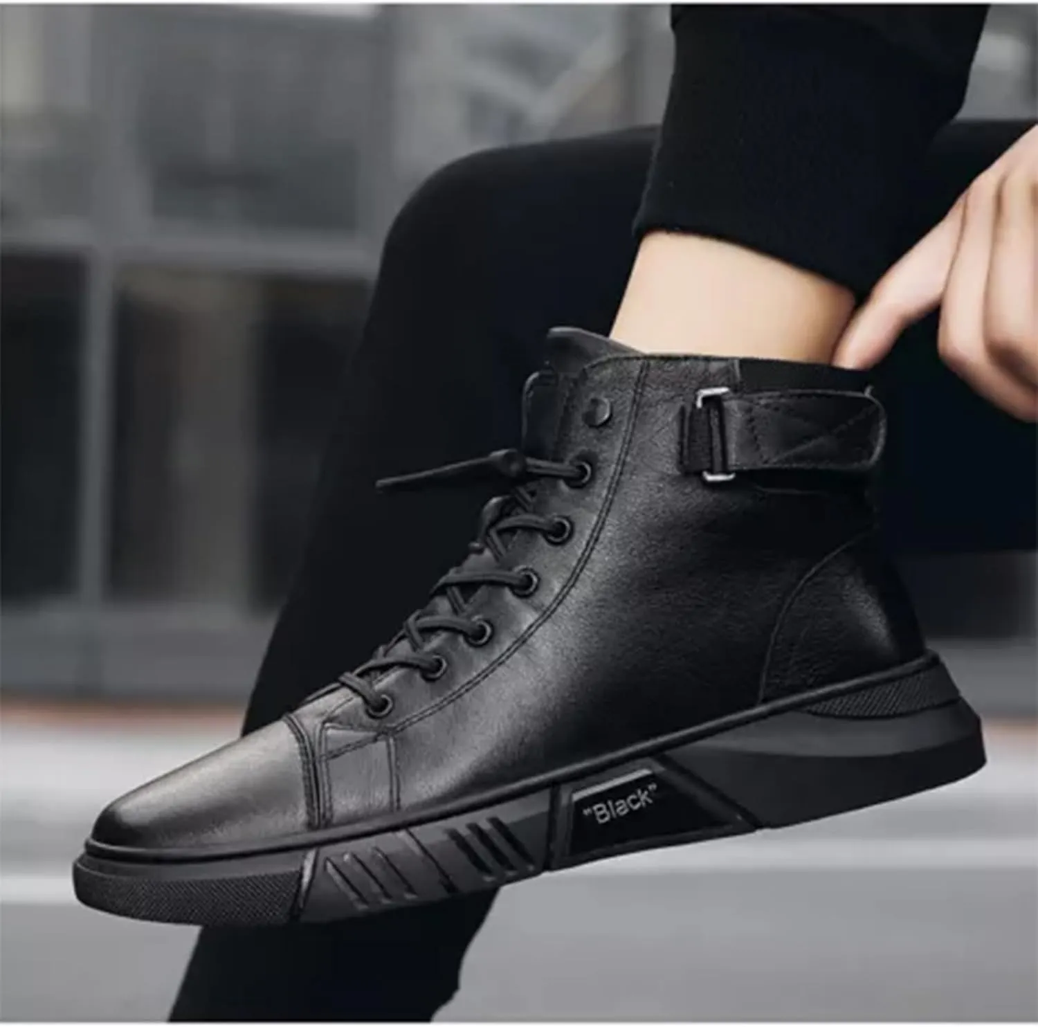 Mens Casual Faux Leather Round Toe Ankle Boots High Top Lace Up Shoes, Side Zipper Chukka Boots Non-Slip Softsole