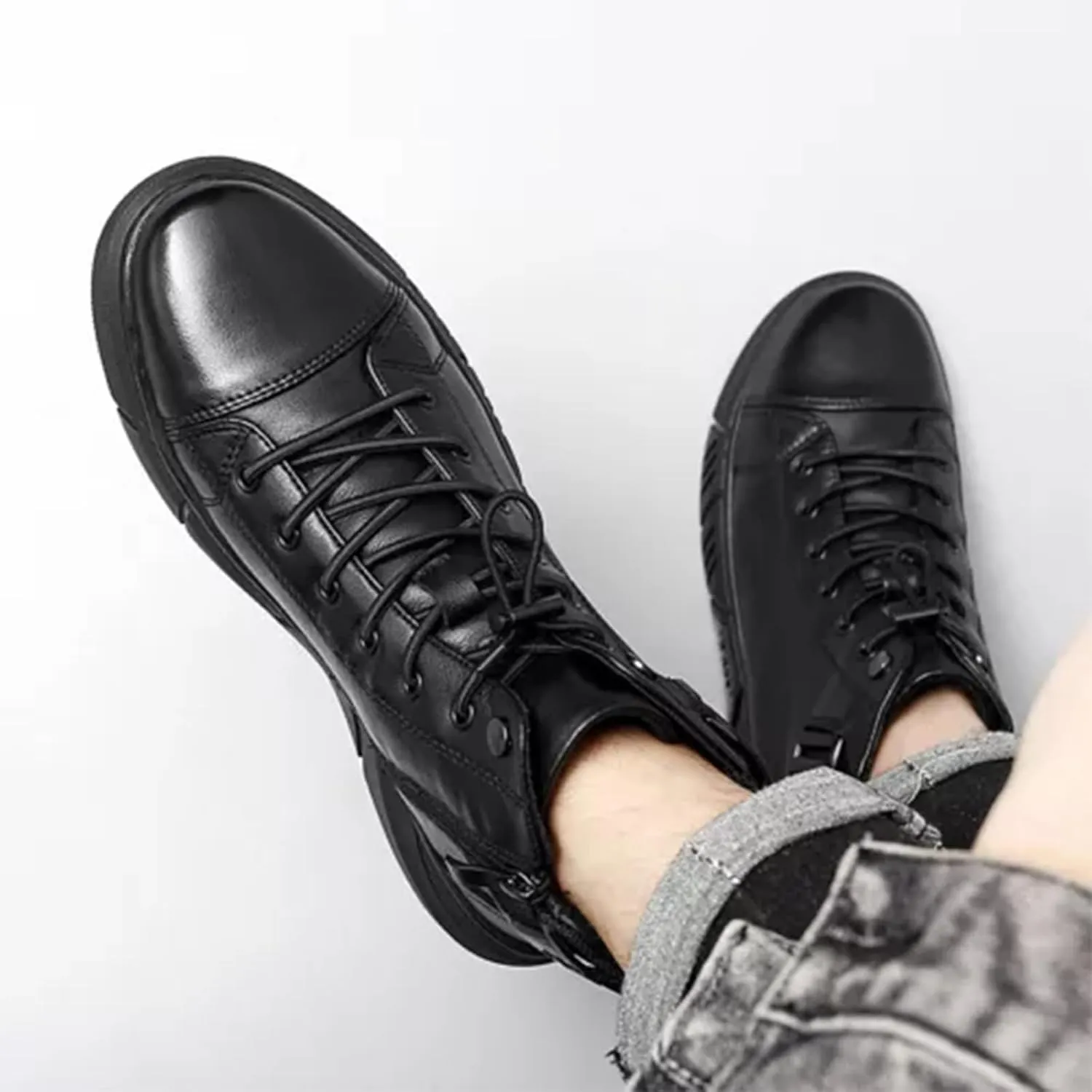 Mens Casual Faux Leather Round Toe Ankle Boots High Top Lace Up Shoes, Side Zipper Chukka Boots Non-Slip Softsole