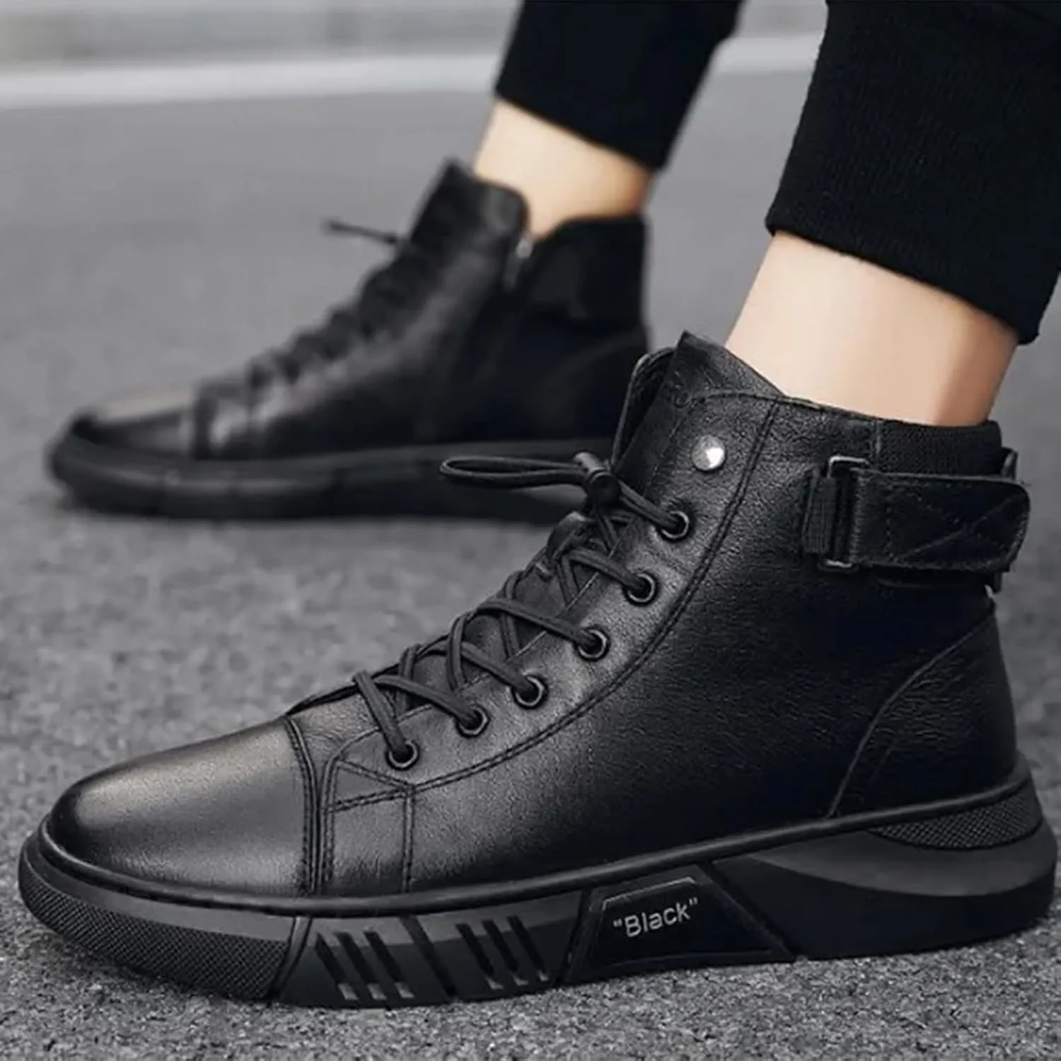 Mens Casual Faux Leather Round Toe Ankle Boots High Top Lace Up Shoes, Side Zipper Chukka Boots Non-Slip Softsole