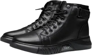 Mens Casual Faux Leather Round Toe Ankle Boots High Top Lace Up Shoes, Side Zipper Chukka Boots Non-Slip Softsole