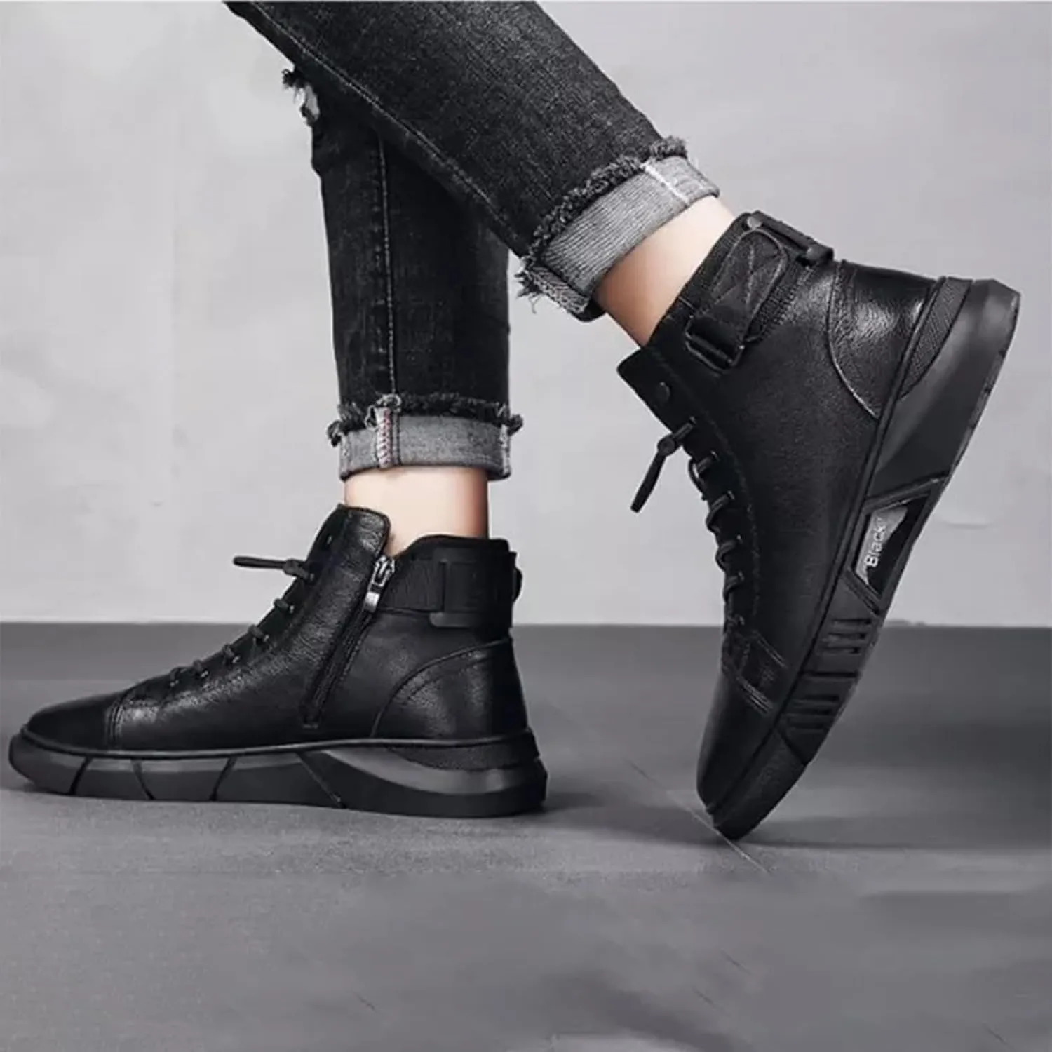 Mens Casual Faux Leather Round Toe Ankle Boots High Top Lace Up Shoes, Side Zipper Chukka Boots Non-Slip Softsole