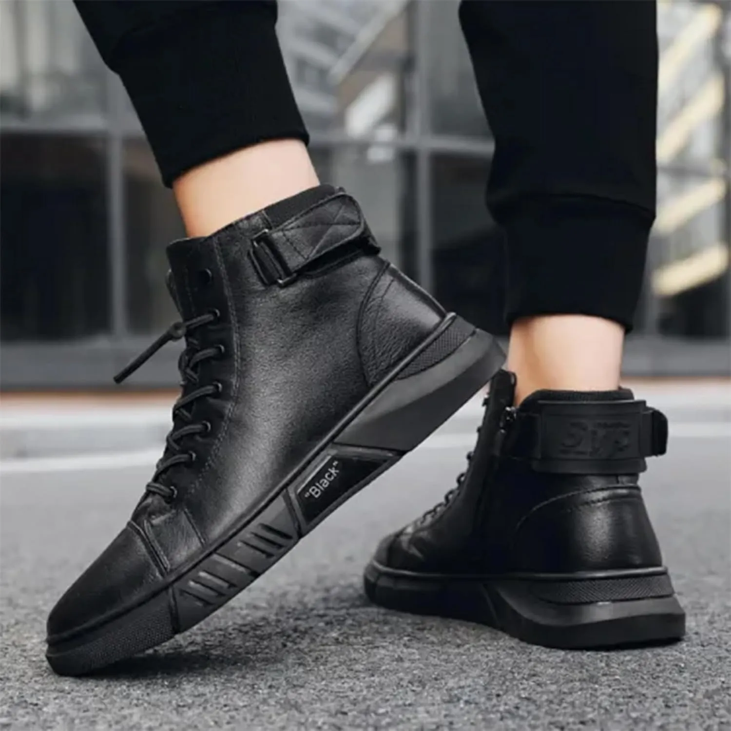 Mens Casual Faux Leather Round Toe Ankle Boots High Top Lace Up Shoes, Side Zipper Chukka Boots Non-Slip Softsole