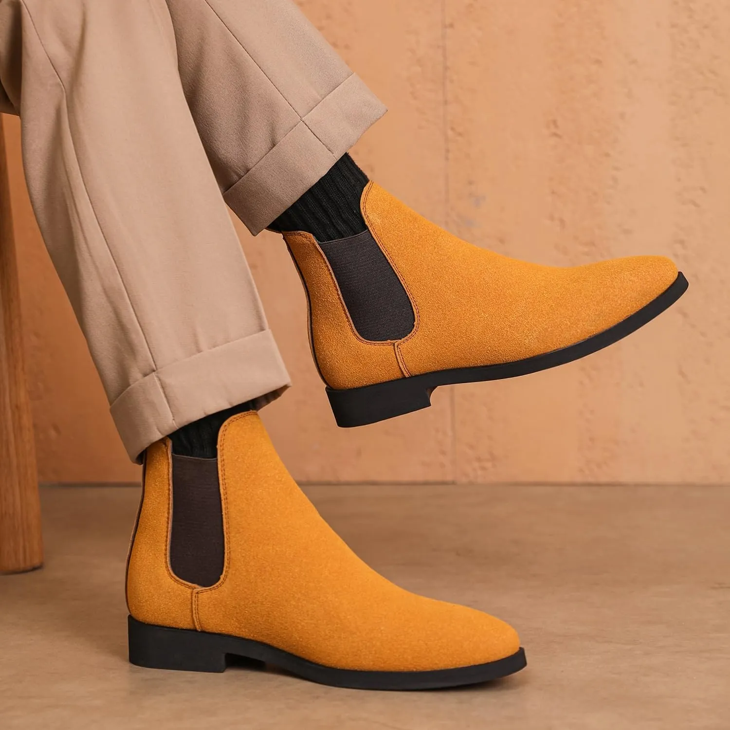 Men's Chelsea Boots Height Increasing Suede Dress Boots Casual Leather Chukka Ankle Boots Slip On Boots