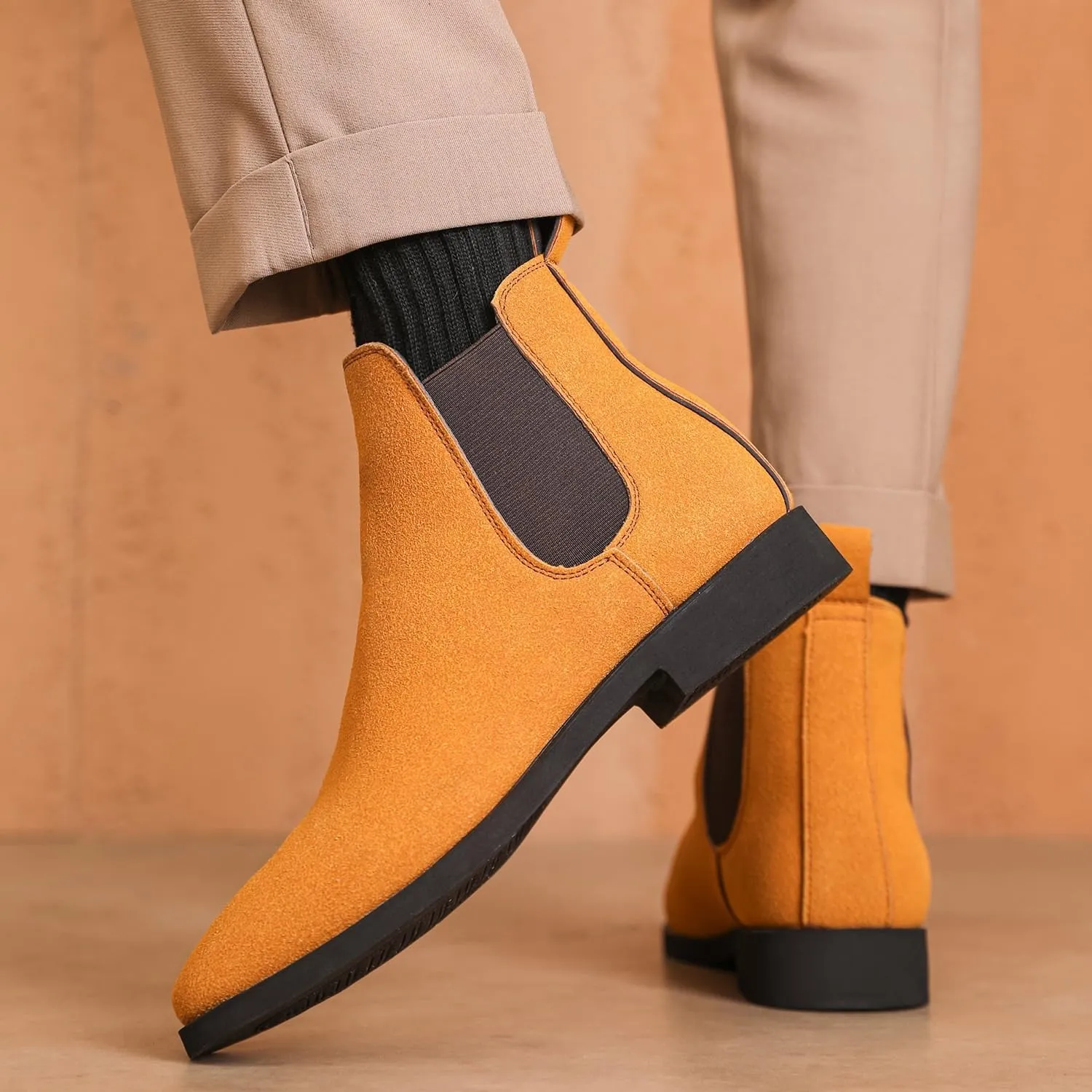 Men's Chelsea Boots Height Increasing Suede Dress Boots Casual Leather Chukka Ankle Boots Slip On Boots
