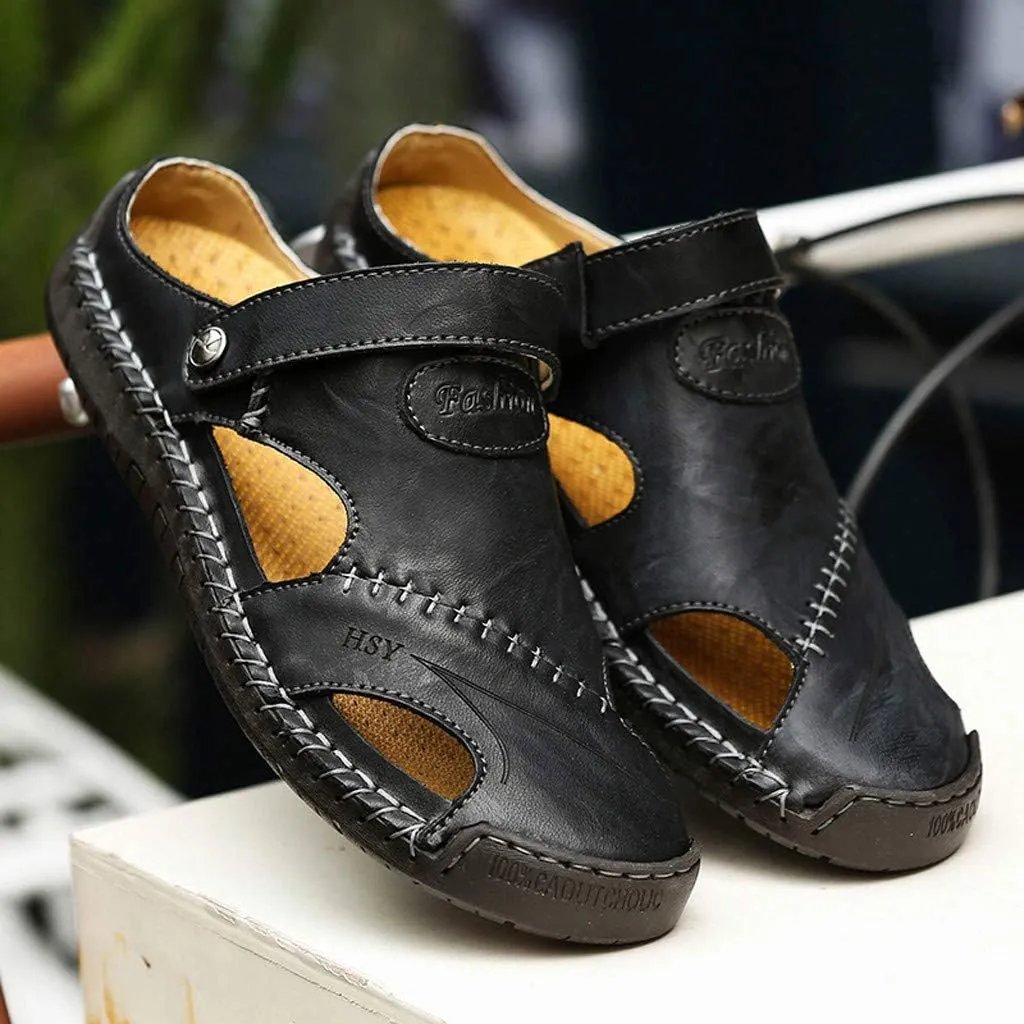 Mens Closed Toe Sandals Comfortable Durable Hollow Athletic Dual Use Strap Leather Roman Slip-On Walking Beach Slides