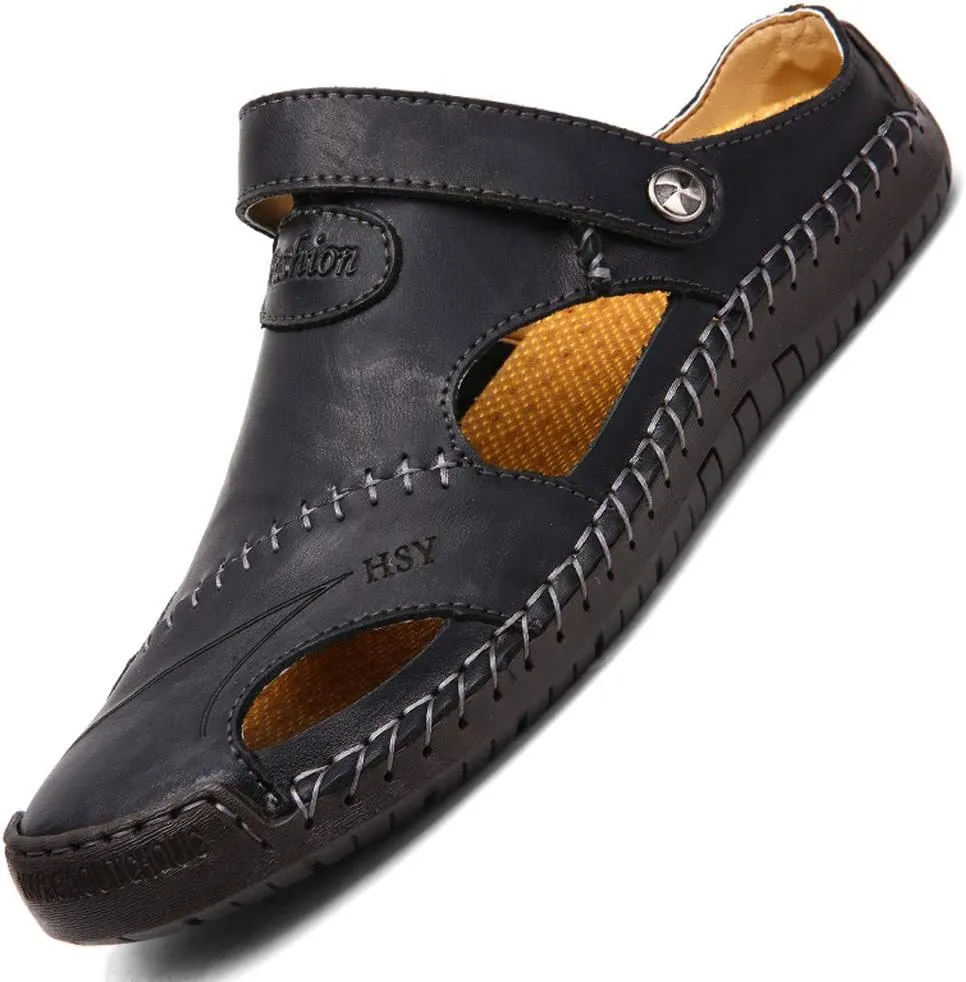 Mens Closed Toe Sandals Comfortable Durable Hollow Athletic Dual Use Strap Leather Roman Slip-On Walking Beach Slides