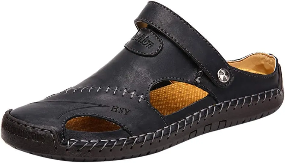 Mens Closed Toe Sandals Comfortable Durable Hollow Athletic Dual Use Strap Leather Roman Slip-On Walking Beach Slides