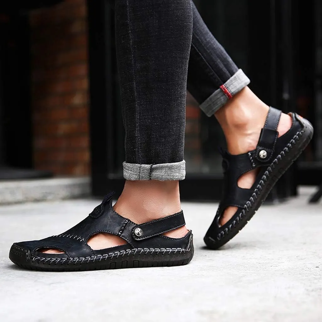 Mens Closed Toe Sandals Comfortable Durable Hollow Athletic Dual Use Strap Leather Roman Slip-On Walking Beach Slides