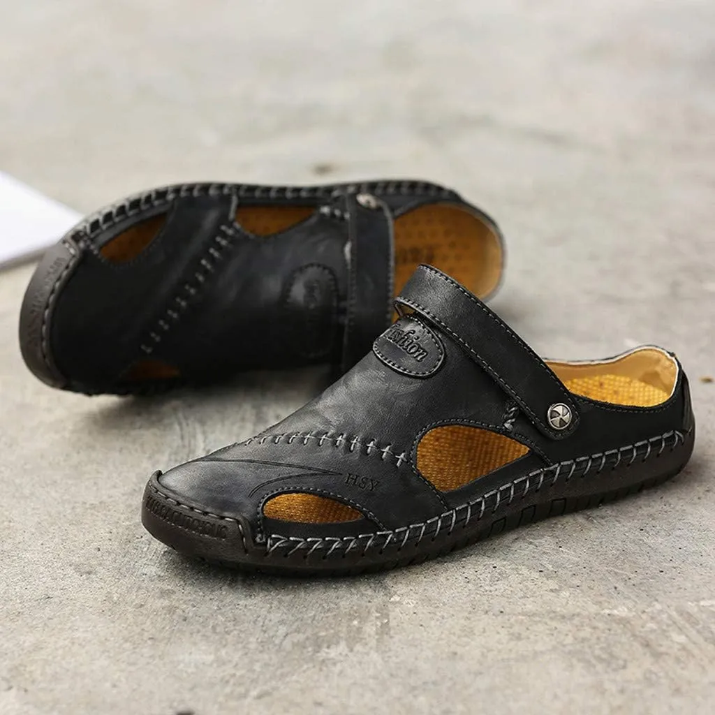 Mens Closed Toe Sandals Comfortable Durable Hollow Athletic Dual Use Strap Leather Roman Slip-On Walking Beach Slides