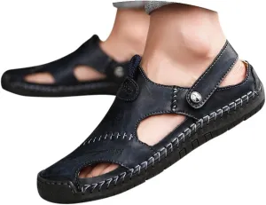 Mens Closed Toe Sandals Comfortable Durable Hollow Athletic Dual Use Strap Leather Roman Slip-On Walking Beach Slides