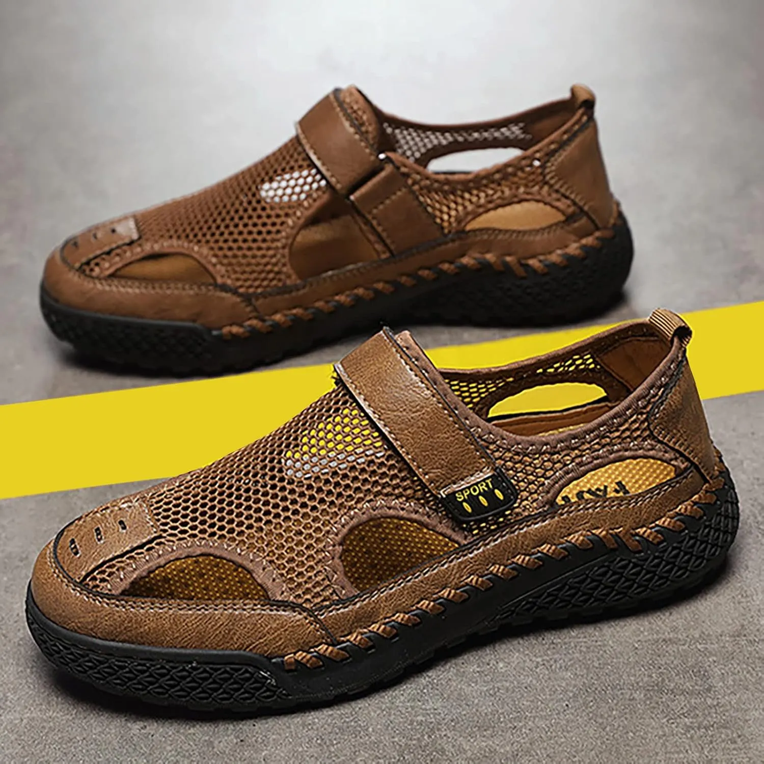 Men's Hollow Mesh Sandals Outdoor Hiking Closed Toe Shoes Athletic Lightweight Trail Walking Casual Water Shoes