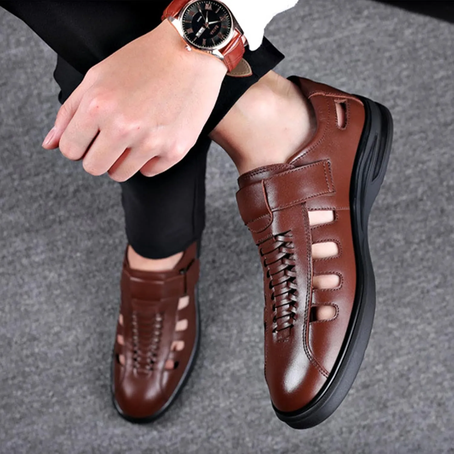 Men's Large Size Fashion Business Sandals, Casual Lace Up Roma Fisherman Shoes, Classical Concise Closed Toe Beach Shoes