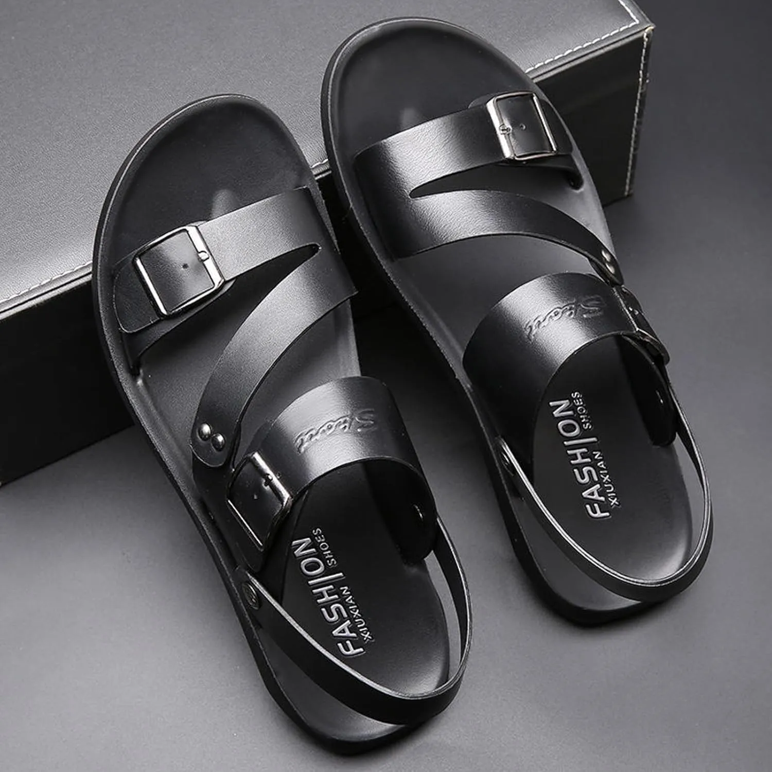 Men's Leather Buckle Sandals Casual Flat Walking Shoes with Adjustable Dual use Ankle Straps Non-Slip Comfy Beach Sandals