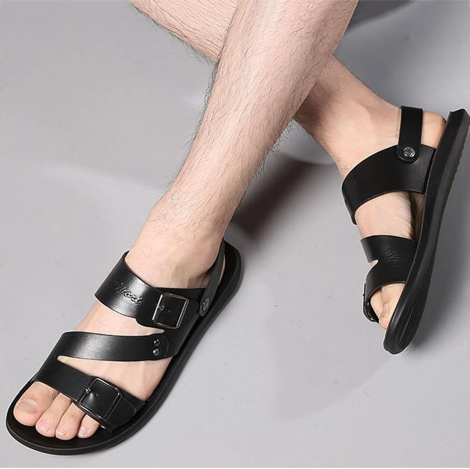 Men's Leather Buckle Sandals Casual Flat Walking Shoes with Adjustable Dual use Ankle Straps Non-Slip Comfy Beach Sandals