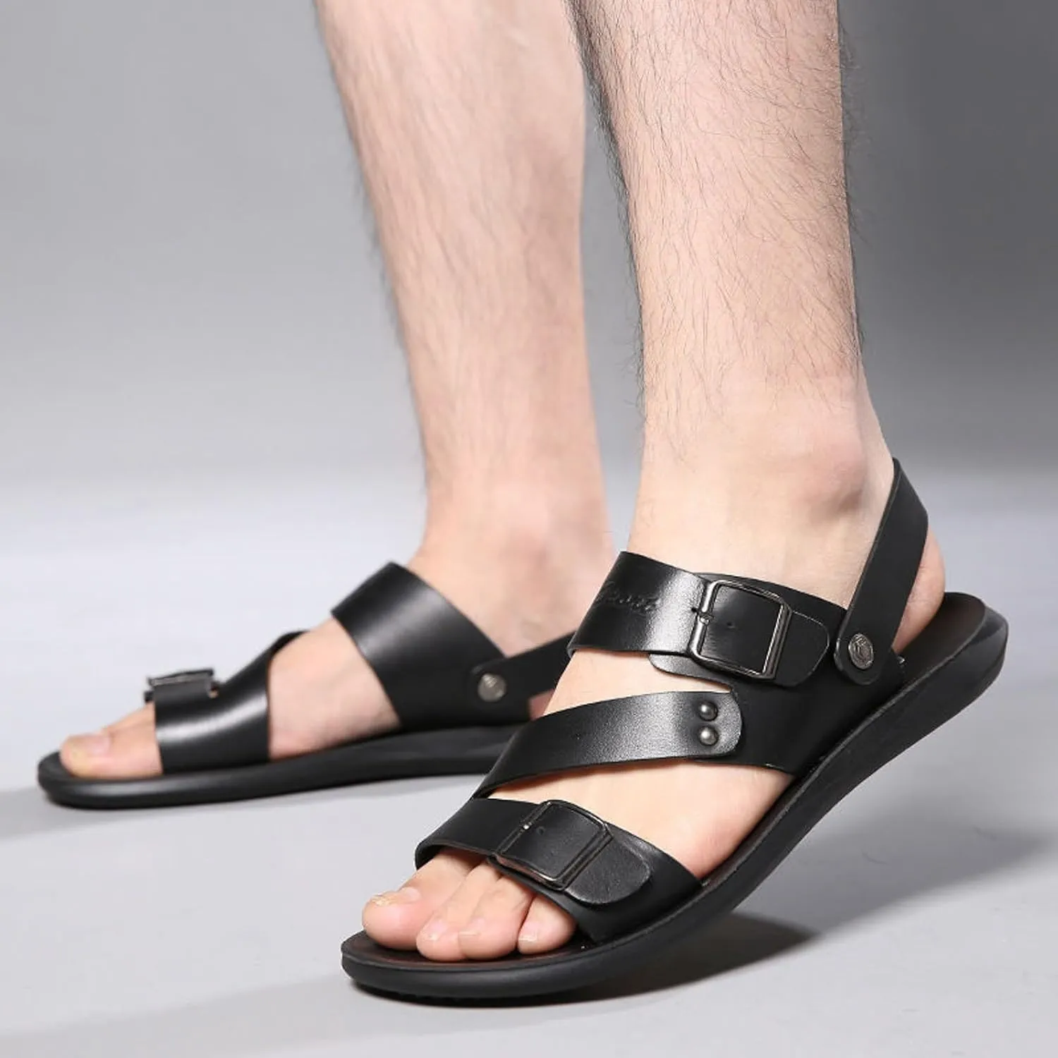 Men's Leather Buckle Sandals Casual Flat Walking Shoes with Adjustable Dual use Ankle Straps Non-Slip Comfy Beach Sandals