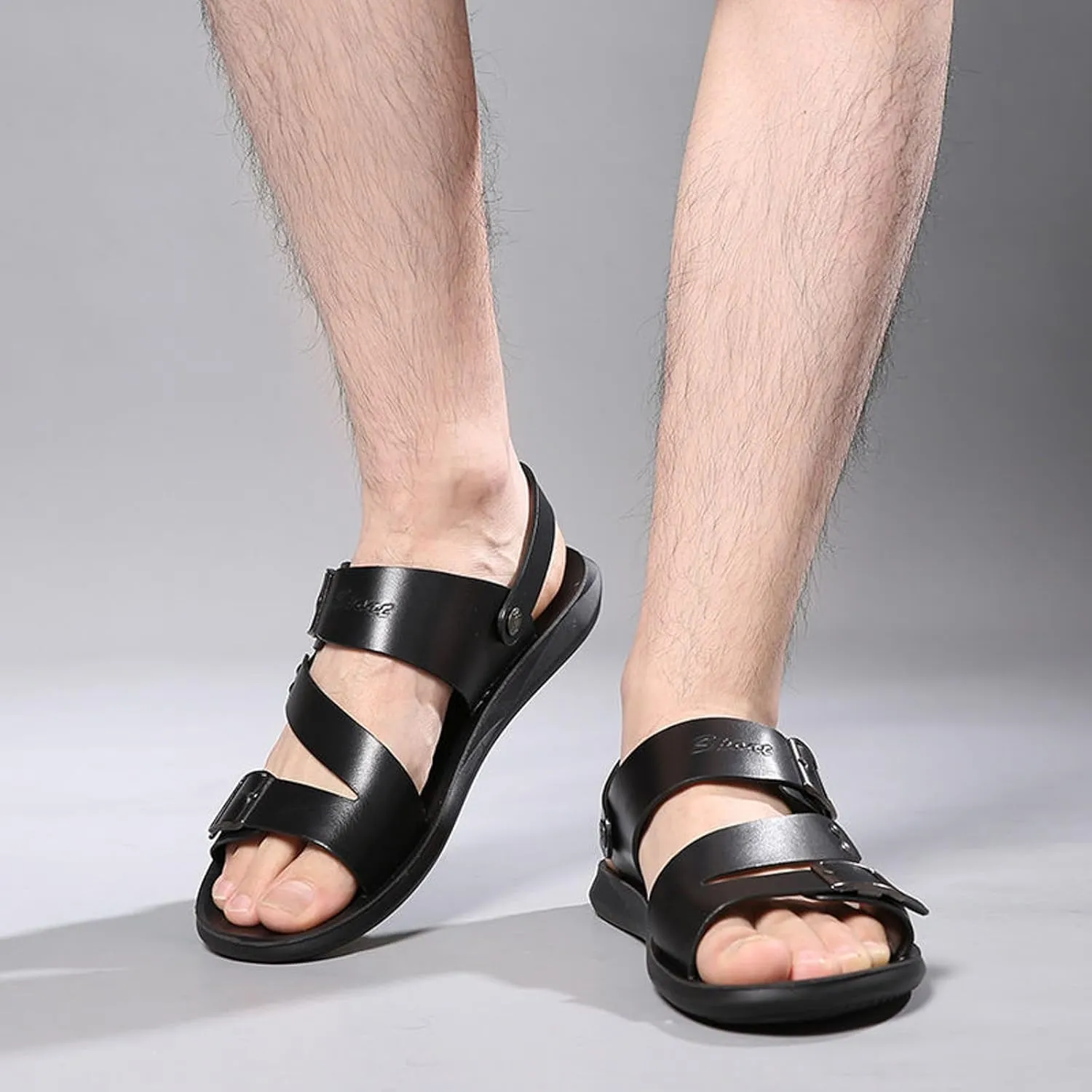 Men's Leather Buckle Sandals Casual Flat Walking Shoes with Adjustable Dual use Ankle Straps Non-Slip Comfy Beach Sandals