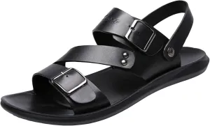 Men's Leather Buckle Sandals Casual Flat Walking Shoes with Adjustable Dual use Ankle Straps Non-Slip Comfy Beach Sandals