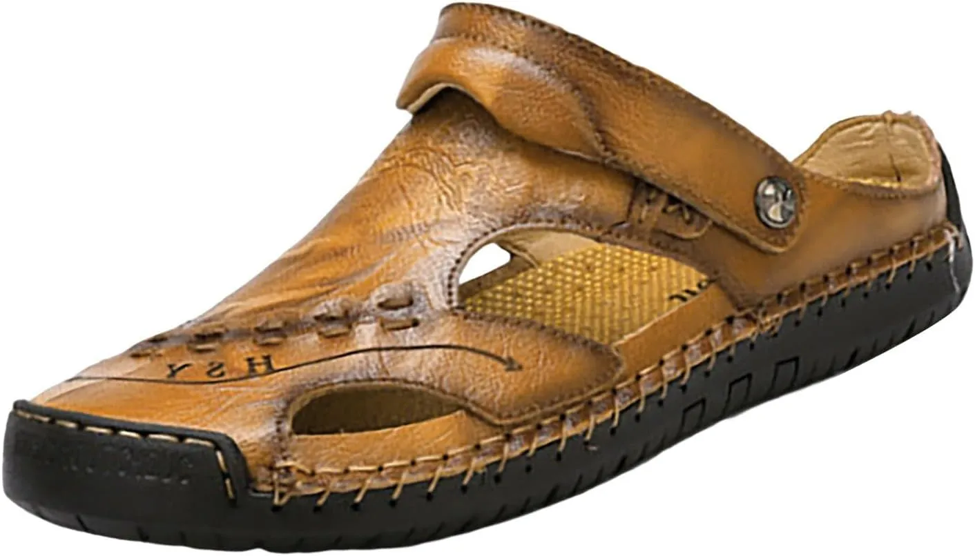Men's Leather Sandals Closed Toe Hollow Athletic Dual Use Strap Sandals Slip-on Roman Casual Summer Beach Slipper