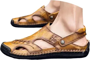 Men's Leather Sandals Closed Toe Hollow Athletic Dual Use Strap Sandals Slip-on Roman Casual Summer Beach Slipper