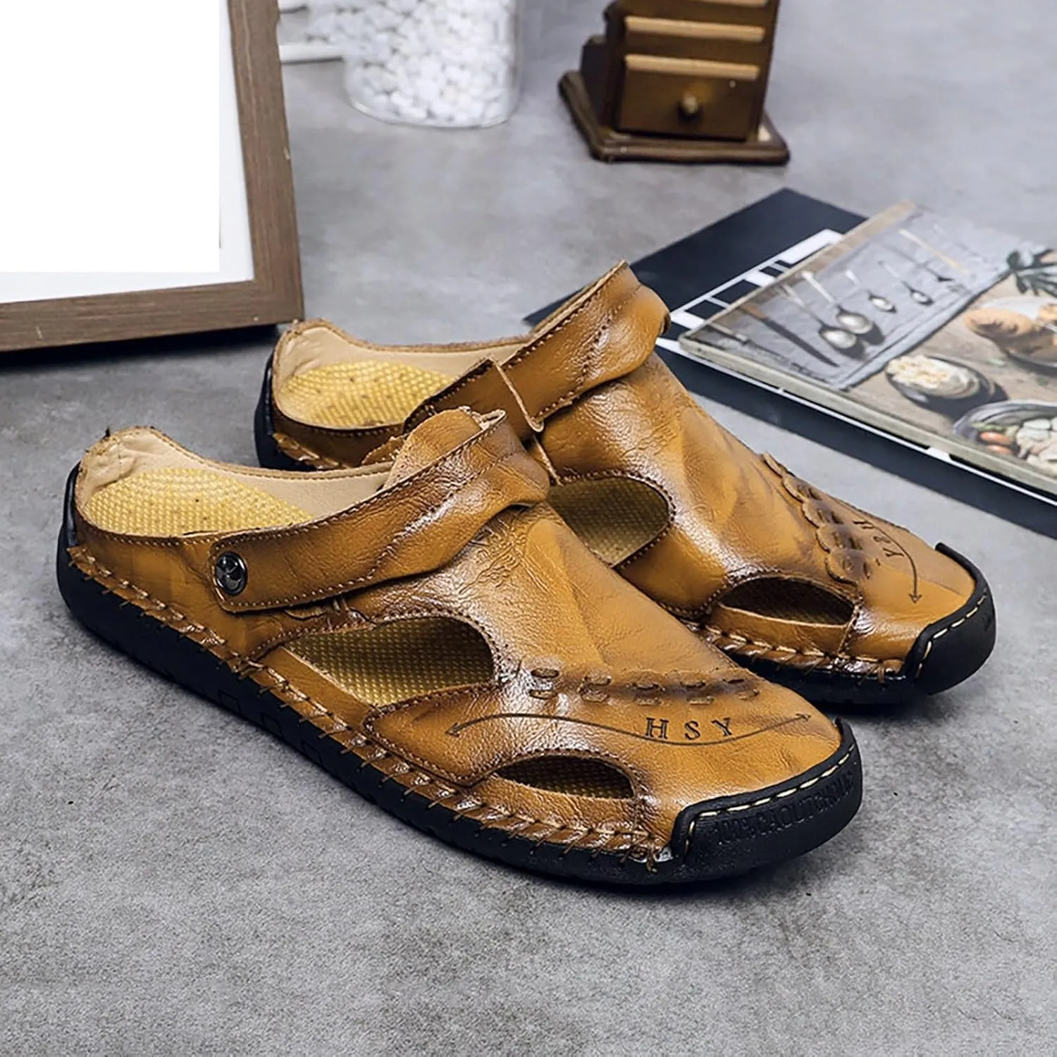 Men's Leather Sandals Closed Toe Hollow Athletic Dual Use Strap Sandals Slip-on Roman Casual Summer Beach Slipper
