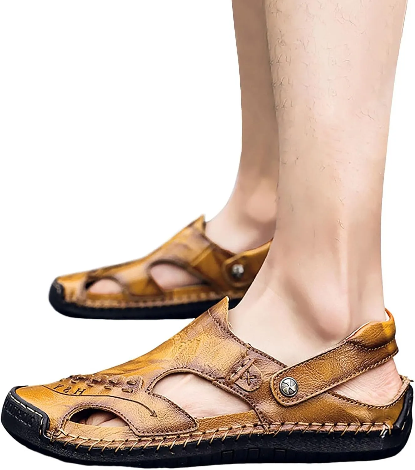 Men's Leather Sandals Closed Toe Hollow Athletic Dual Use Strap Sandals Slip-on Roman Casual Summer Beach Slipper