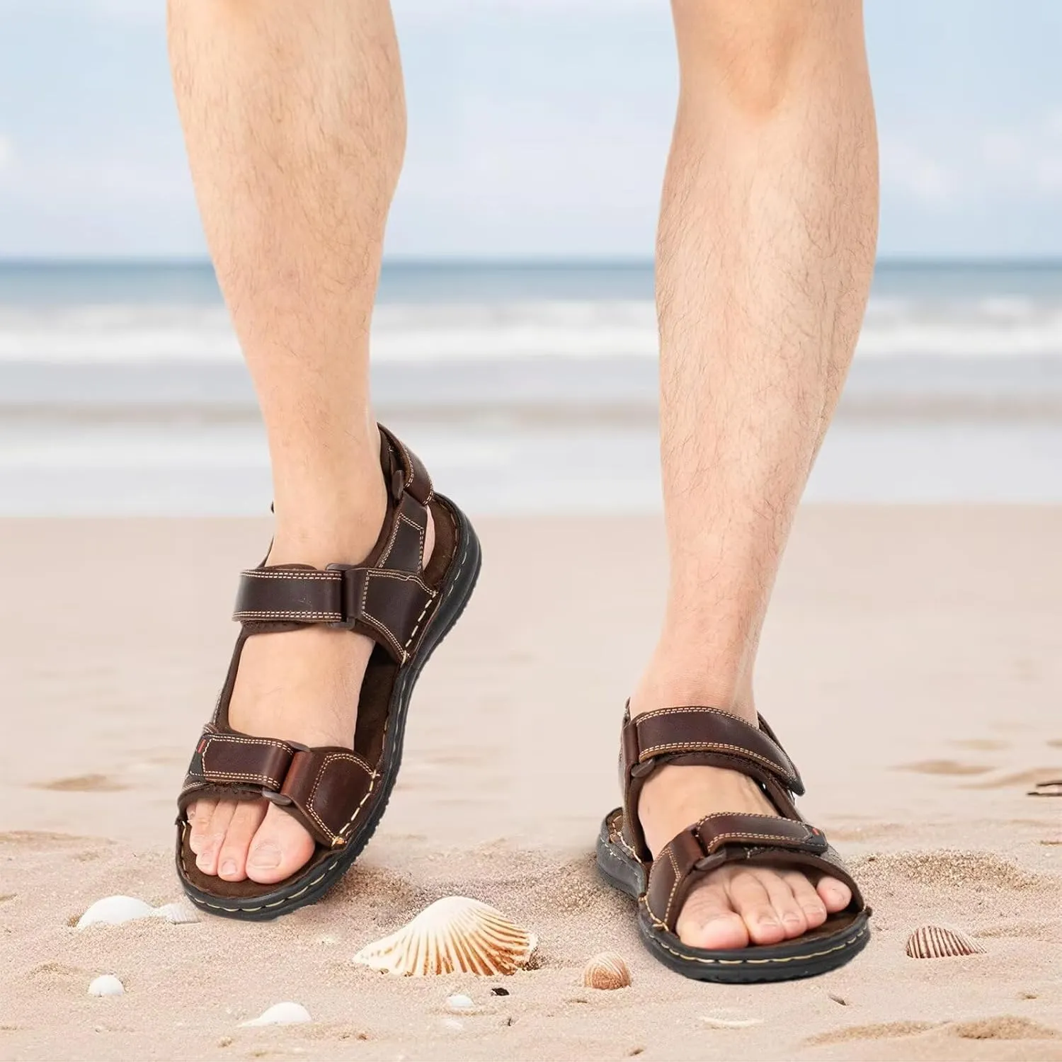 Men's Leather Sandals, Comfortable Open-Toe Outdoor Beach Shoes