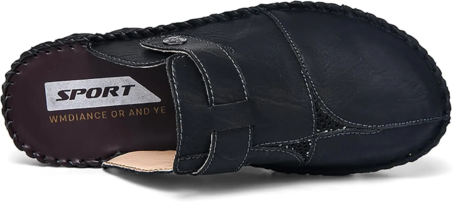 Mens Leather Slippers Closed Toe Mules Summer Casual Outdoor Sandals Beach Shoes