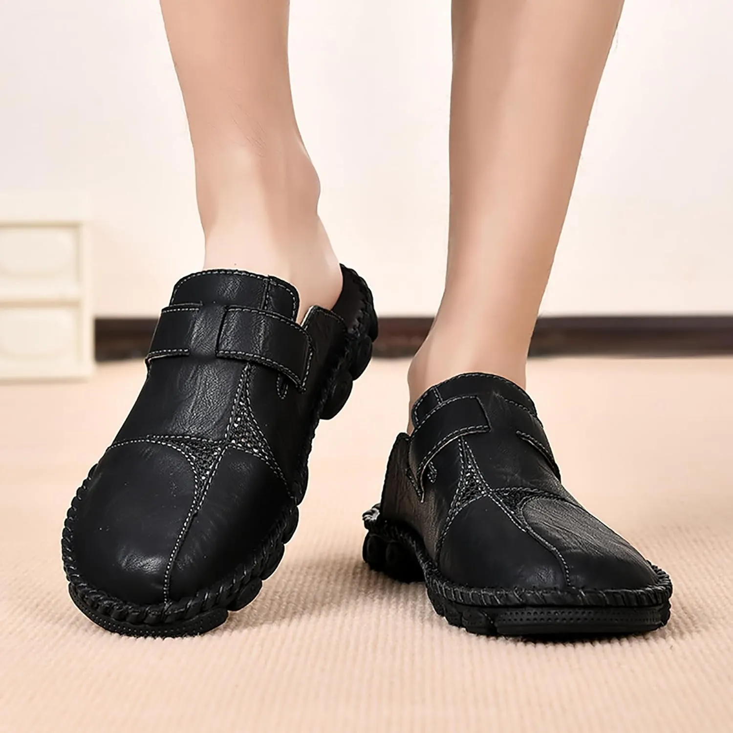 Mens Leather Slippers Closed Toe Mules Summer Casual Outdoor Sandals Beach Shoes