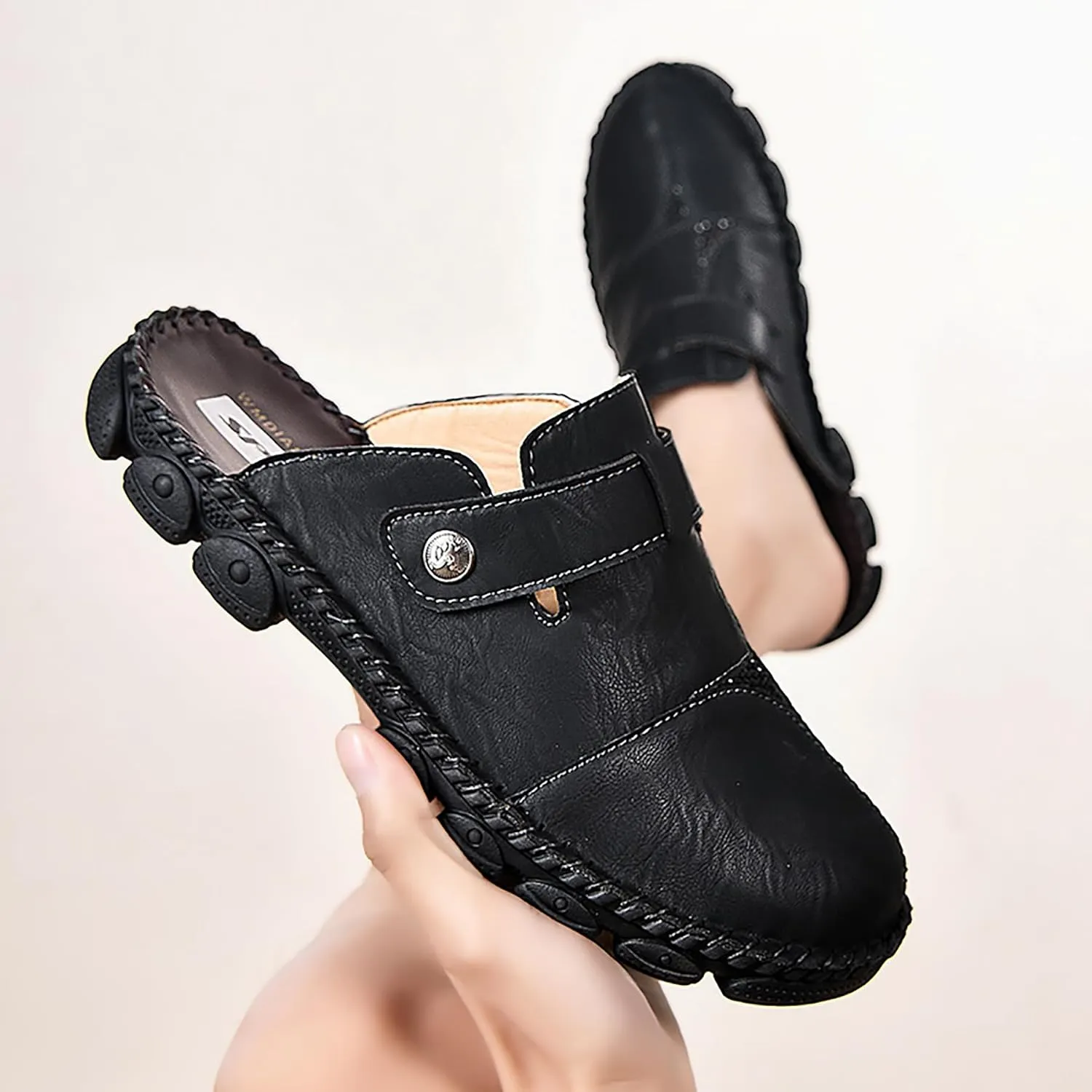 Mens Leather Slippers Closed Toe Mules Summer Casual Outdoor Sandals Beach Shoes