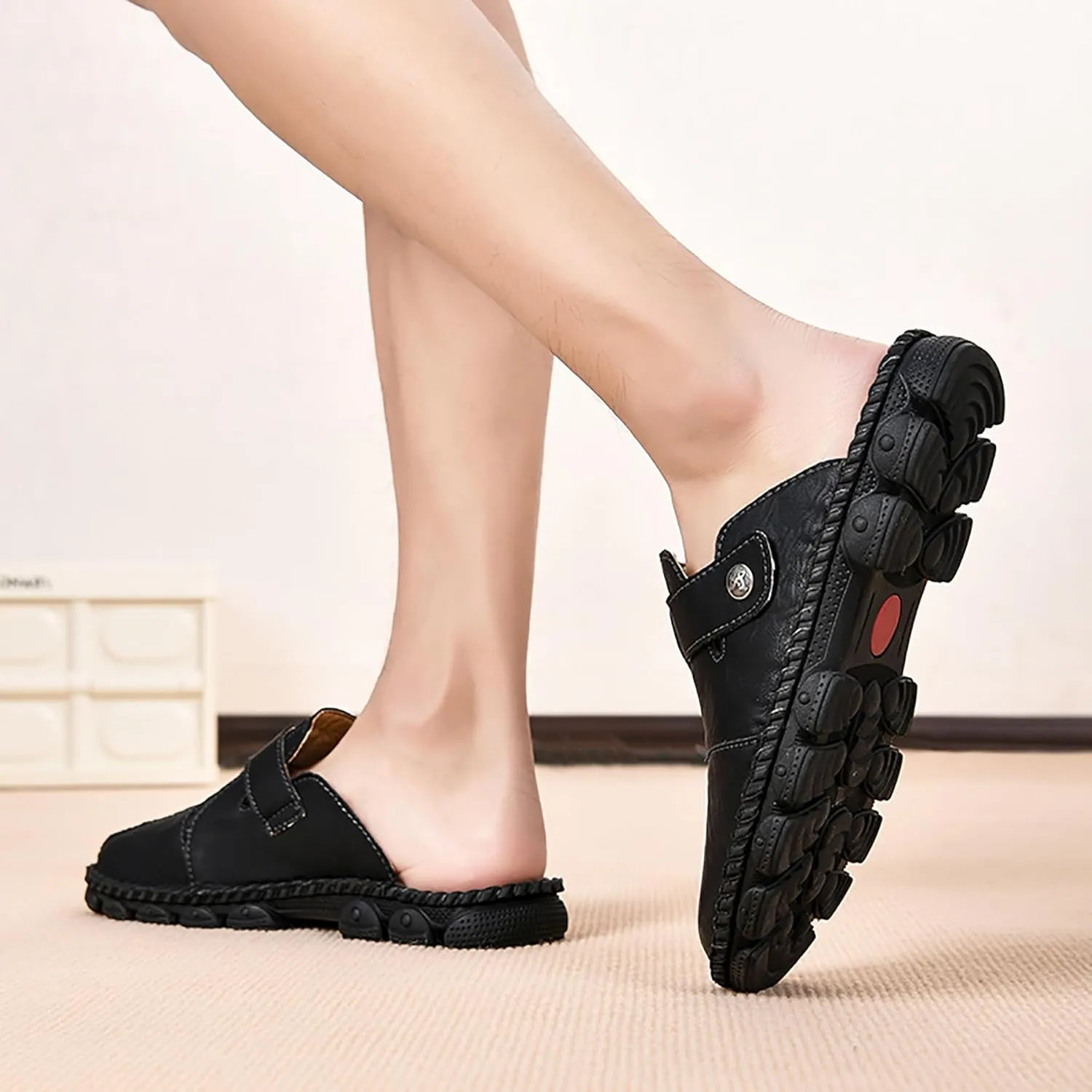 Mens Leather Slippers Closed Toe Mules Summer Casual Outdoor Sandals Beach Shoes
